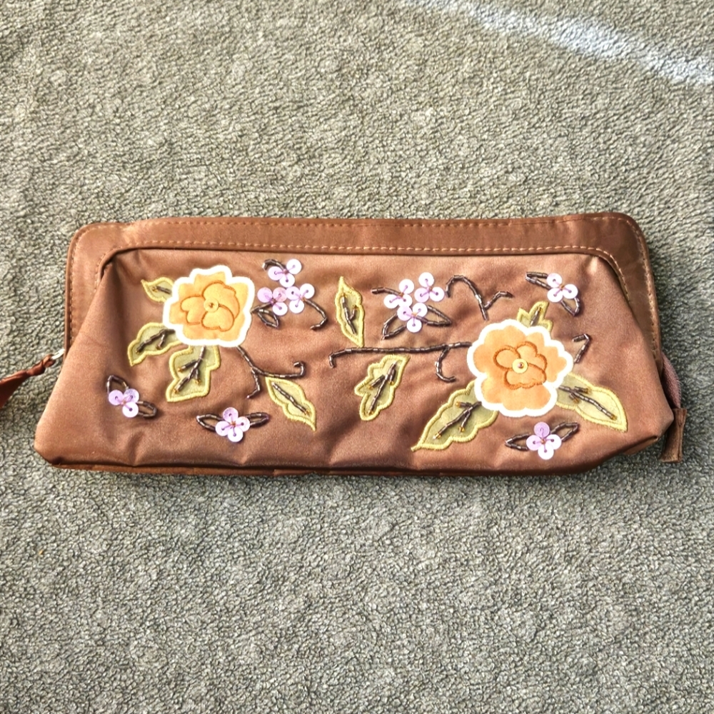 Avon Floral Embroidered Brown Clutch From 2006